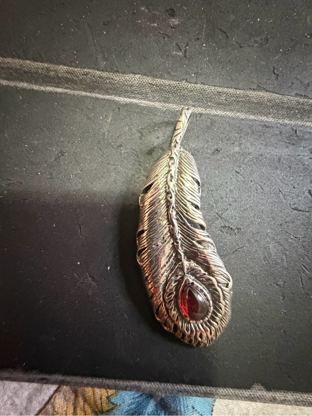 Sterling Silver Feather Pendant with Red Teardrop Stone